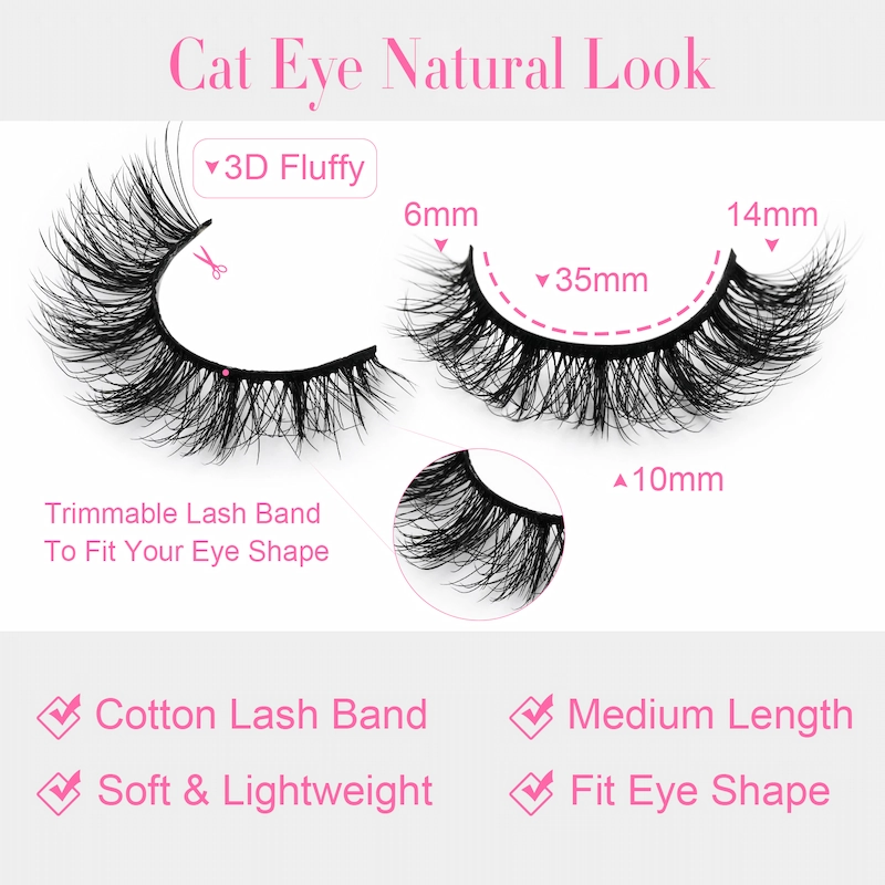 Obeya Natural Medium Length Faux Mink False Eyelashes Black Cotton Band Cat Eye Look